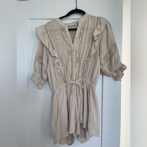 LIKE NEW Beige Ruffled Embroidered Detail Button-Down Romper